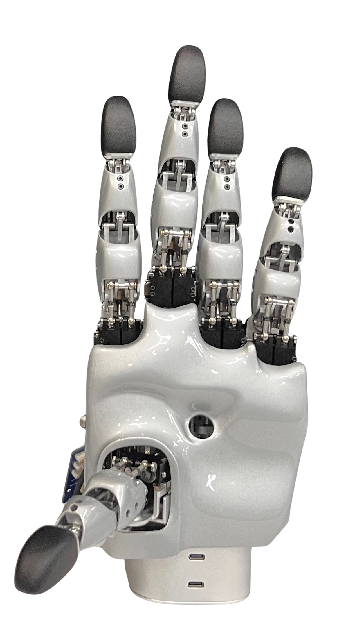 ProHand15 实物样机正面，白色掌部外壳与五指机械结构清晰可见